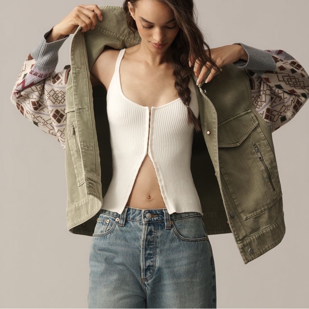 Anthropologie Sweater Sleeve Utility Jacket Pilcro Denim New Large Army Green - Picture 3 of 15